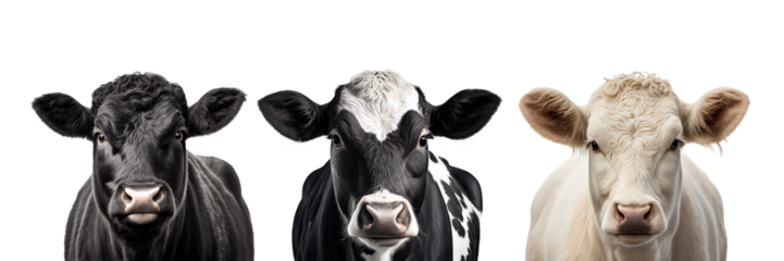 Set of 3 cows breeds, Holstein Friesian black and white dairy cow, black angus and Charolais cattle isolated on transparent background, agriculture, beef meat, png file