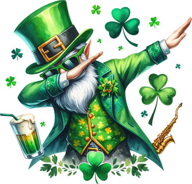 Leprechaun Dance wearing sunglasses, Saint Patrick's day Clipart, Transparent background, Watercolor St Patrick&rsquo;s Day Clipart