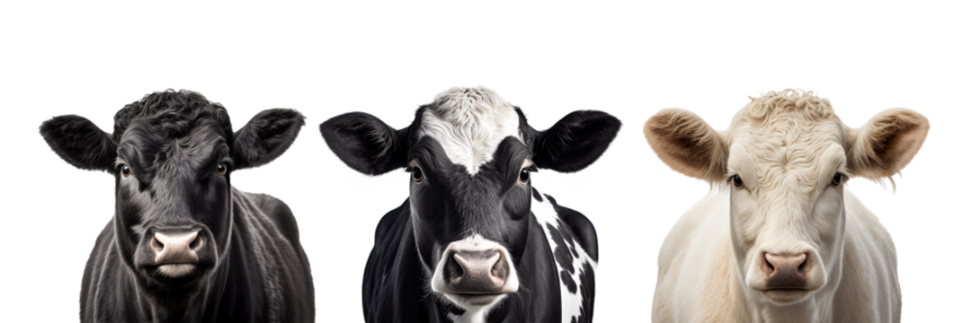 Set of 3 cows breeds, Holstein Friesian black and white dairy cow, black angus and Charolais cattle isolated on transparent background, agriculture, beef meat, png file