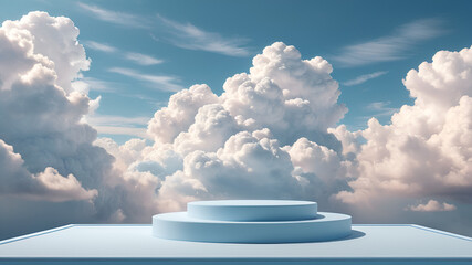 Abstract stage paste scene with a cloud background, podium, blue 3D product sky, and white display platform. Podium stand light, simple cloud background, studio mystical pedestal backdrop, png smoke 