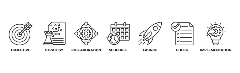 Action plan banner web icon vector illustration concept with icon of objective, strategy, collaboration, schedule, act, launch, check, and implementation