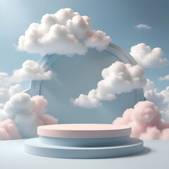 Abstract stage pastel scene with cloud background, podium, blue 3D product sky, and white display platform. Podium stand light, simple cloud background, studio dreamlike pedestal backdrop, PNG smoke.