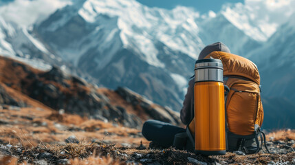 thermos and cup of tea in mountains. Break. 