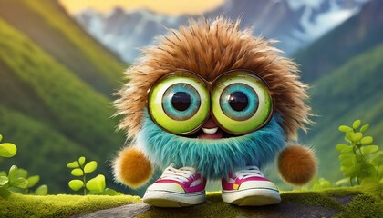 Cute monster with colorful hair and sports shoes