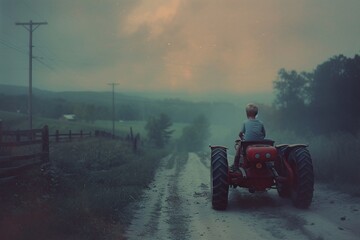 A moody and atmospheric shot of a boy driving a tractor on a country lane at twilight, evoking a sense of calm