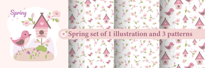 Spring illustration with bird and floral seamless patterns in flat design. Cute spring illustrations for fabric, paper and clothing.
