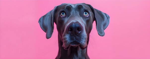Surprised great dane dog with a curious expression on pink background. Concept Pets, Dogs, Great Dane, Surprised, Curious - obrazy, fototapety, plakaty