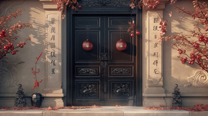An 8K artistic impression of grand 3D double doors with Christmas lanterns and obsidian carvings,...
