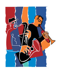 Jazz theme, trumpet player and saxophonist,.
 Expressive colorful Illustration of two jazz musicians. Isolated on torn paper background. Vector available.