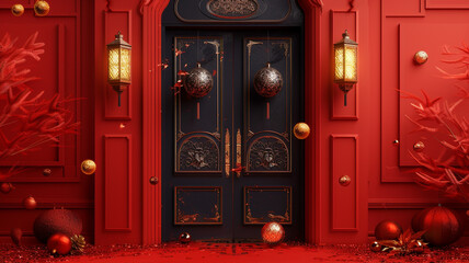 An 8K photo-realistic image of 3D double doors adorned with Christmas lanterns and obsidian...