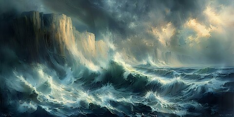 Stormy seas crash against cliffs captured in a dramatic oil painting scene. Concept Seascape Art, Stormy Weather, Dramatic Oil Painting, Cliffs, Stormy Seas - obrazy, fototapety, plakaty