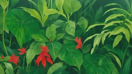 Tuinposter painting of a jungle scene with a green plant and a green leafy plant © Reazy Studio