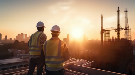 Fototapeta premium Two construction workers wearing hard hats and safety vests are