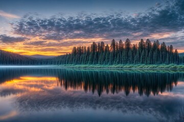 美しい森と湖の背景画像