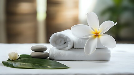 White towels and a white flower on a massage table.