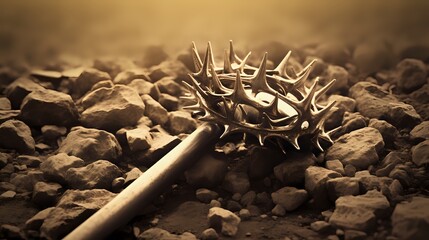 A crown of thorns lies discarded on the rocky ground. - obrazy, fototapety, plakaty