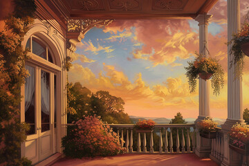 An Italianate porch with a painted ceiling and hanging baskets, presenting the house exterior against a soft apricot sky