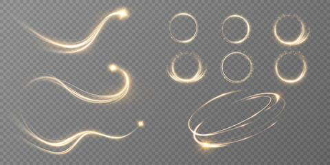 Glowing golden spiral. Speed ​​abstract lines effect. Rotating shiny rings. Glowing circular lines. Glowing ring trail. Vector.