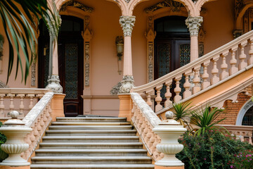 An Italianate porch with a curved staircase and elaborate balusters, presenting the house exterior...