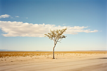 A field with a lone tree with dry yellow foliage. The concept of loneliness, global warming and ecosystem destruction