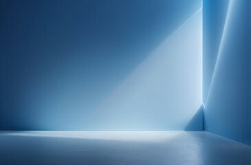 Minimalistic abstract gentle blue light background for product presentation with light and shadow on wall