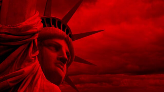 Statue Of Liberty Red With Storm Clouds Ominous Scene
