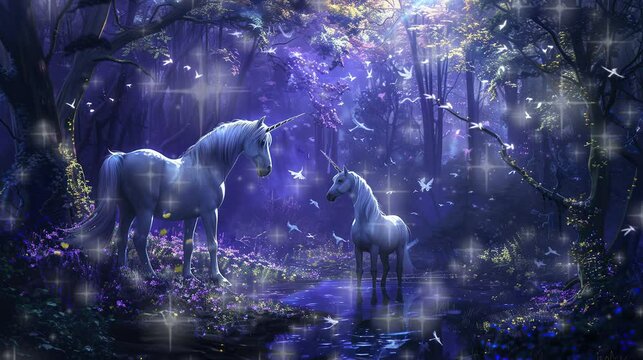 two beautiful horses who are inhabitants of a haunted forest. seamless looping time-lapse virtual 4k video Animation Background.