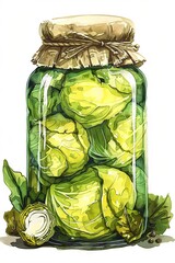 watercolor illustration of pickled vegetables in the jar on white. ai generated