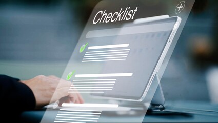 ictional checklist software with a checklist and checked off points hovering as a hologram in front...