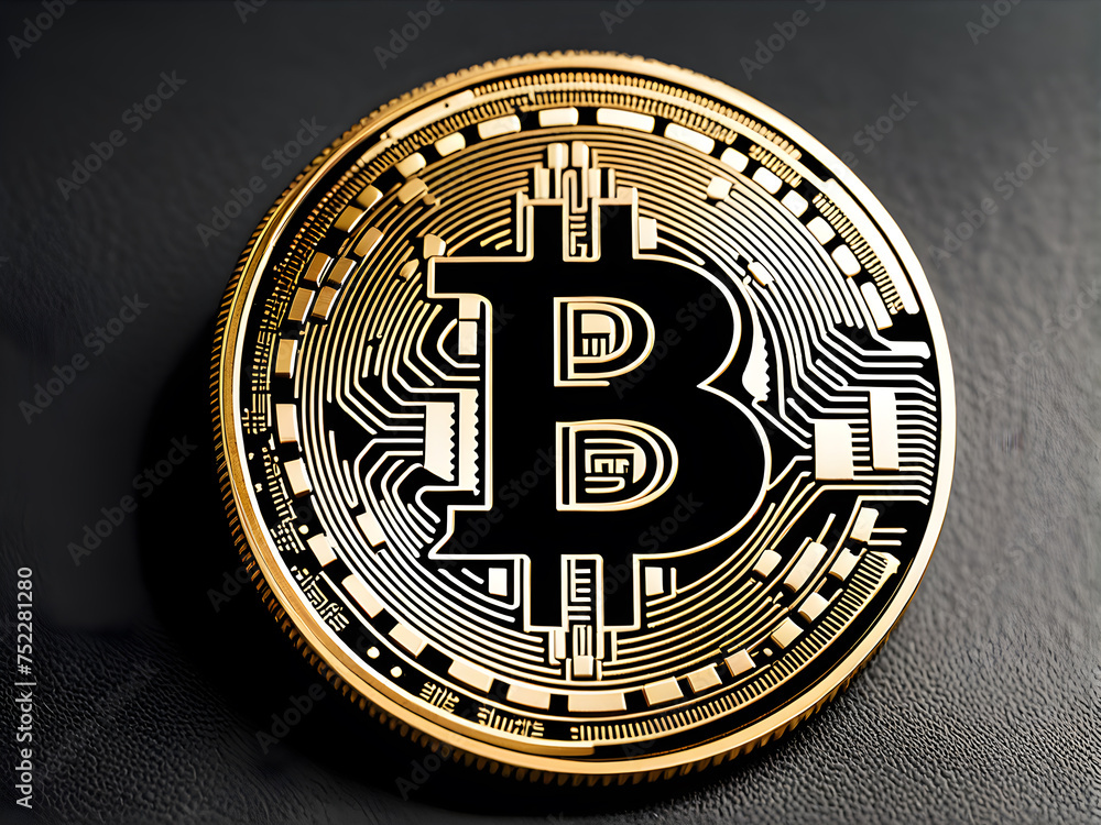 Poster bitcoin-represented-as-a-physical-coin-with-distinctive--symbol-resting-on-a-sleek-reflective