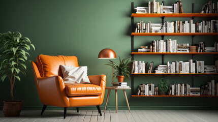The interior is decorated in tones of green walls and orange chairs.
