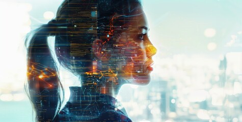 A Woman Overlaid With a Complex Array of Data and Digital Nodes That Appear To Be Firing Like Synapses in the Brain