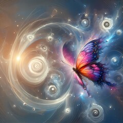  the concept of the butterfly effect, featuring a delicate butterfly with vibrant wings, surrounded by swirling patterns and subtle disturbances, generative ai
