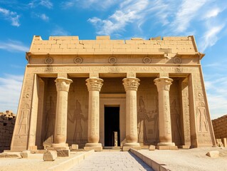 Impressive ancient Egyptian temple with detailed hieroglyphics and pillars against a clear sky.