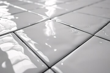 An abstract view of shiny white ceramic tiles with reflective water drops, creating a clean, pristine atmosphere