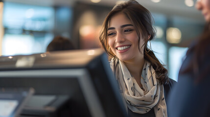 Satisfied customer at the bank, radiating happiness during a seamless transaction. Genuine smiles and smooth service captured in this high-resolution image.