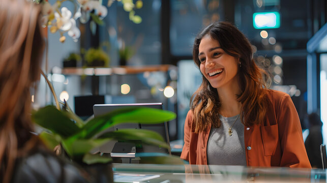 Satisfied customer at the bank, radiating happiness during a seamless transaction. Genuine smiles and smooth service captured in this high-resolution image.