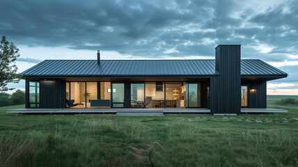Chic one-story house featuring a black exterior with dark grey accents presented against a pastel...