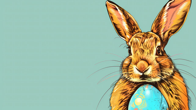 Ilustração vibrante de coelho em estilo pop art segurando um ovo colorido de Páscoa.