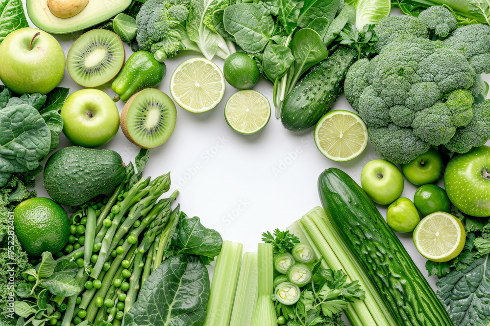 Aufkleber A diverse array of fresh fruits and vegetables are artistically arranged in a heart formation, creating a vibrant and colorful mandala of produce