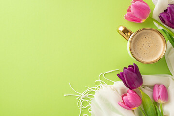 Spring Renewal look: Top view capture of creamy cappuccino, blooming tulips, and delicate scarf on a pastel green canvas, with space for messages or promotions