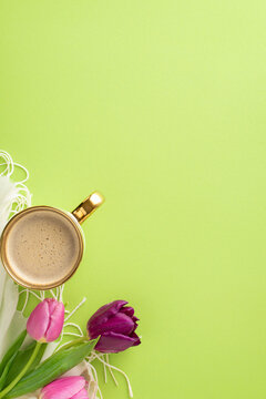 Spring freshness motif: Vertical top view of a creamy cappuccino, vivid purple tulips, and a plush scarf on a light green canvas, designed with space for your copy