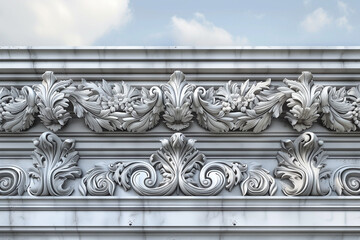 Close exterior view of a Victorian style pediment with acanthus leaf motifs against a sky grey background