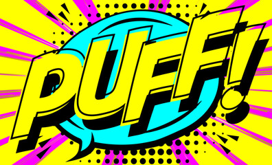 PUFF depicted in bold colors with yellow and pink sunburst background, reminiscent of classic comic book exclamations