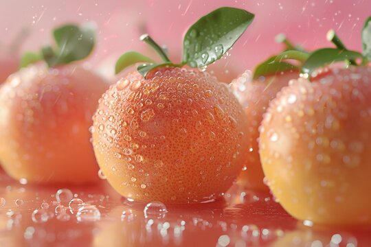 Close-up image of fresh dewy oranges with vibrant pink background, highlighting the freshness and juicy quality of the fruit