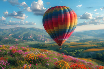 Naklejka premium A vibrant hot air balloon glides gracefully over a lush green hillside, painting a picturesque scene against the clear blue sky