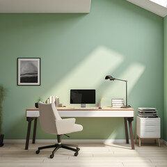 Refreshing Home Office with Mint Green Walls and Modern Wooden Desk