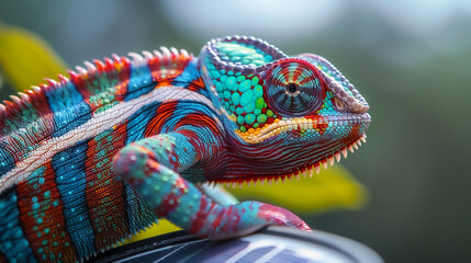 A chameleon changing colors to display renewable energy patterns solar panel texture blending