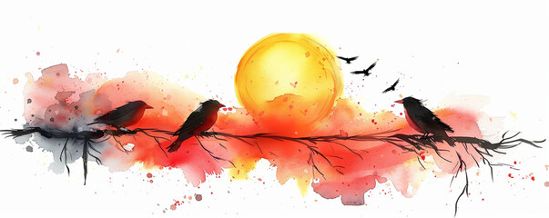 Birds painting the sunrise with watercolor feathers dawn chorus vibrant sky isolated white