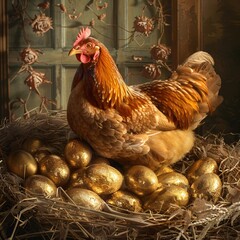 A Chicken Laying Golden Eggs Amidst a Whimsical Setting